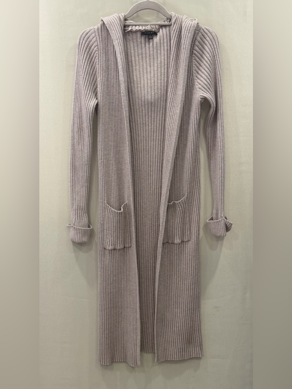 Cyrus Long Ribbed Open-Front Hooded Cardigan in Light Mauve